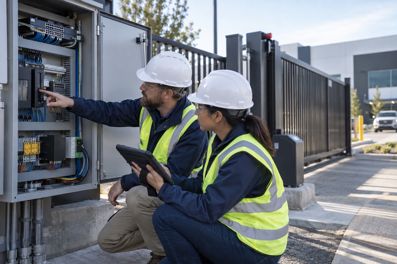 Representative security and technology engineers reviewing an integrated gate-control cabinet
